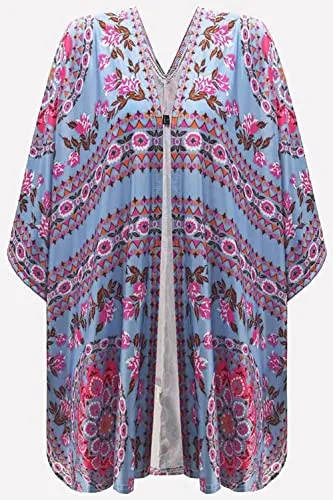 Bsubseach Loose Printed 3/4 Sleeve Kimono Cardigan