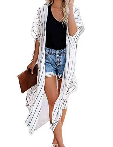 Bsubseach Loose Printed 3/4 Sleeve Kimono Cardigan