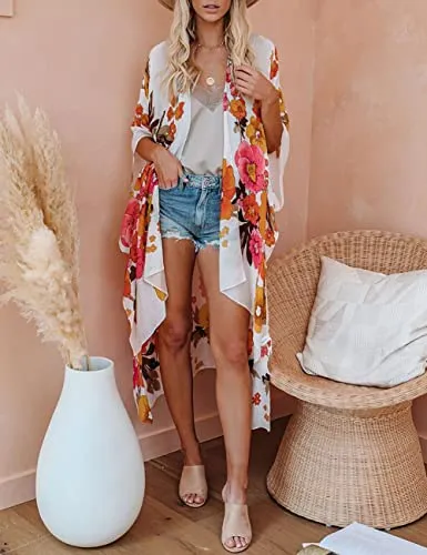 Bsubseach Loose Printed 3/4 Sleeve Kimono Cardigan
