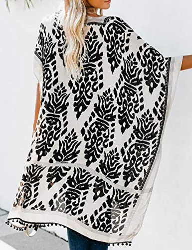 Bsubseach Loose Printed 3/4 Sleeve Kimono Cardigan
