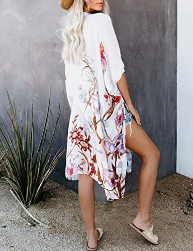 Bsubseach Loose Printed 3/4 Sleeve Kimono Cardigan