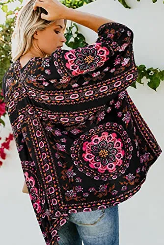 Bsubseach Loose Printed 3/4 Sleeve Kimono Cardigan