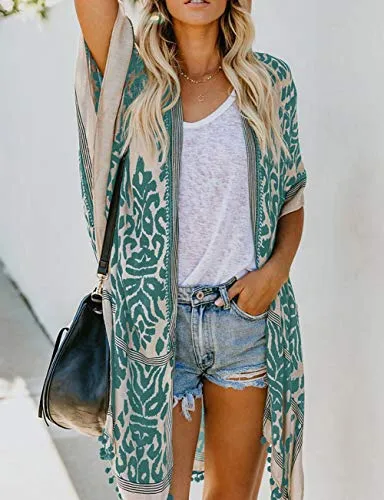 Bsubseach Loose Printed 3/4 Sleeve Kimono Cardigan