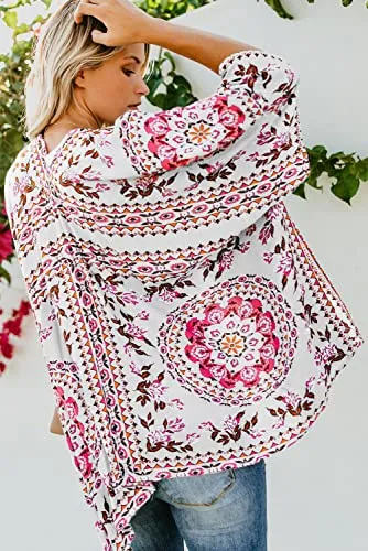 Bsubseach Loose Printed 3/4 Sleeve Kimono Cardigan