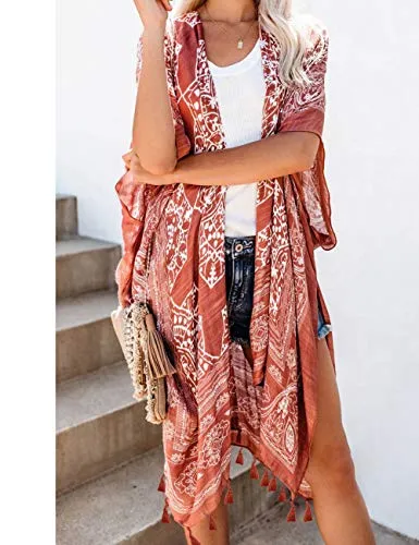 Bsubseach Loose Printed 3/4 Sleeve Kimono Cardigan