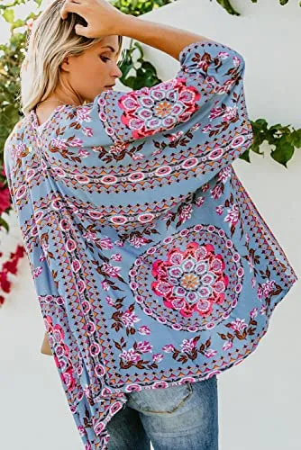 Bsubseach Loose Printed 3/4 Sleeve Kimono Cardigan