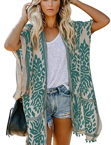 Bsubseach Loose Printed 3/4 Sleeve Kimono Cardigan