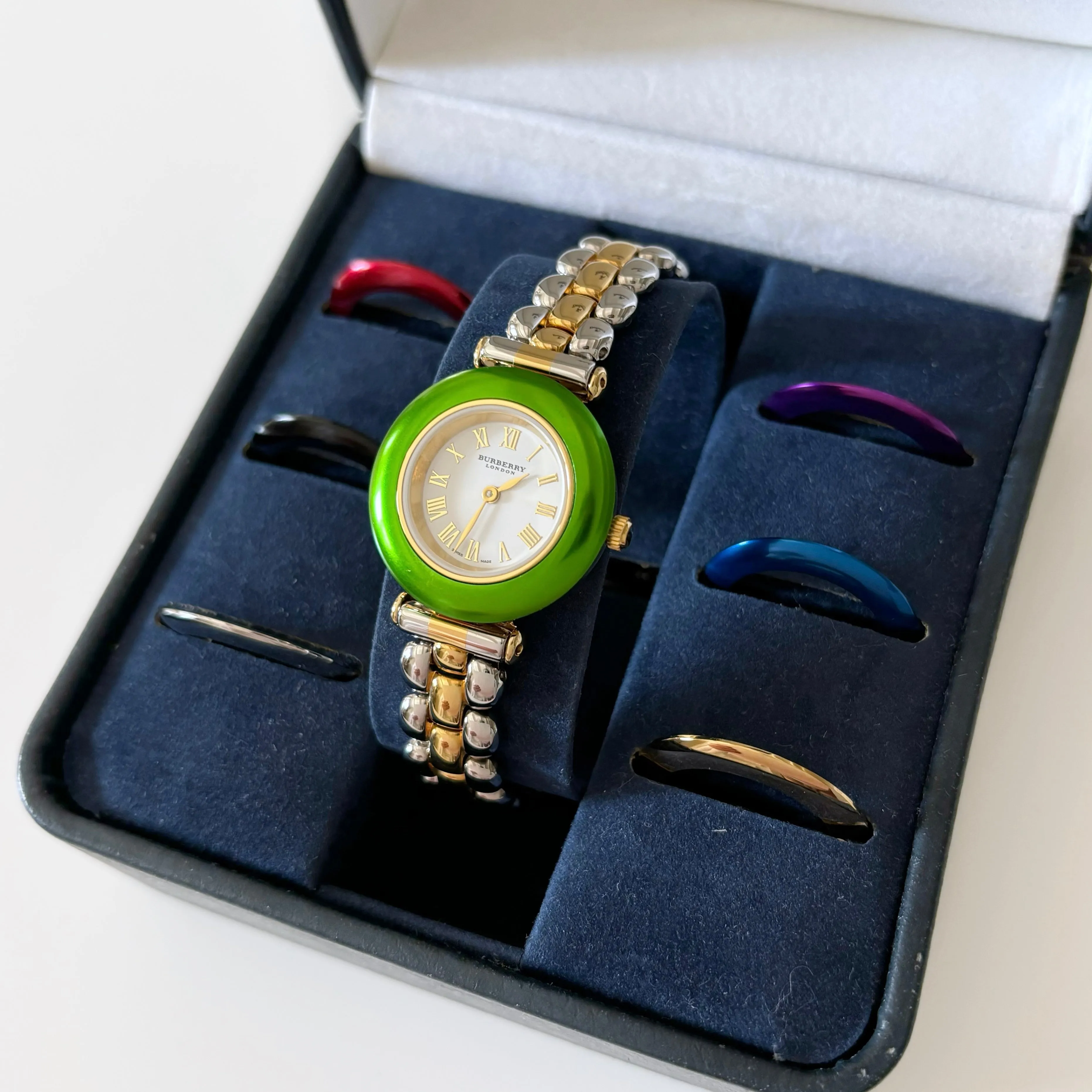 Burberry 1990s Interchangeable Bezel Watch with 7 bezels and case