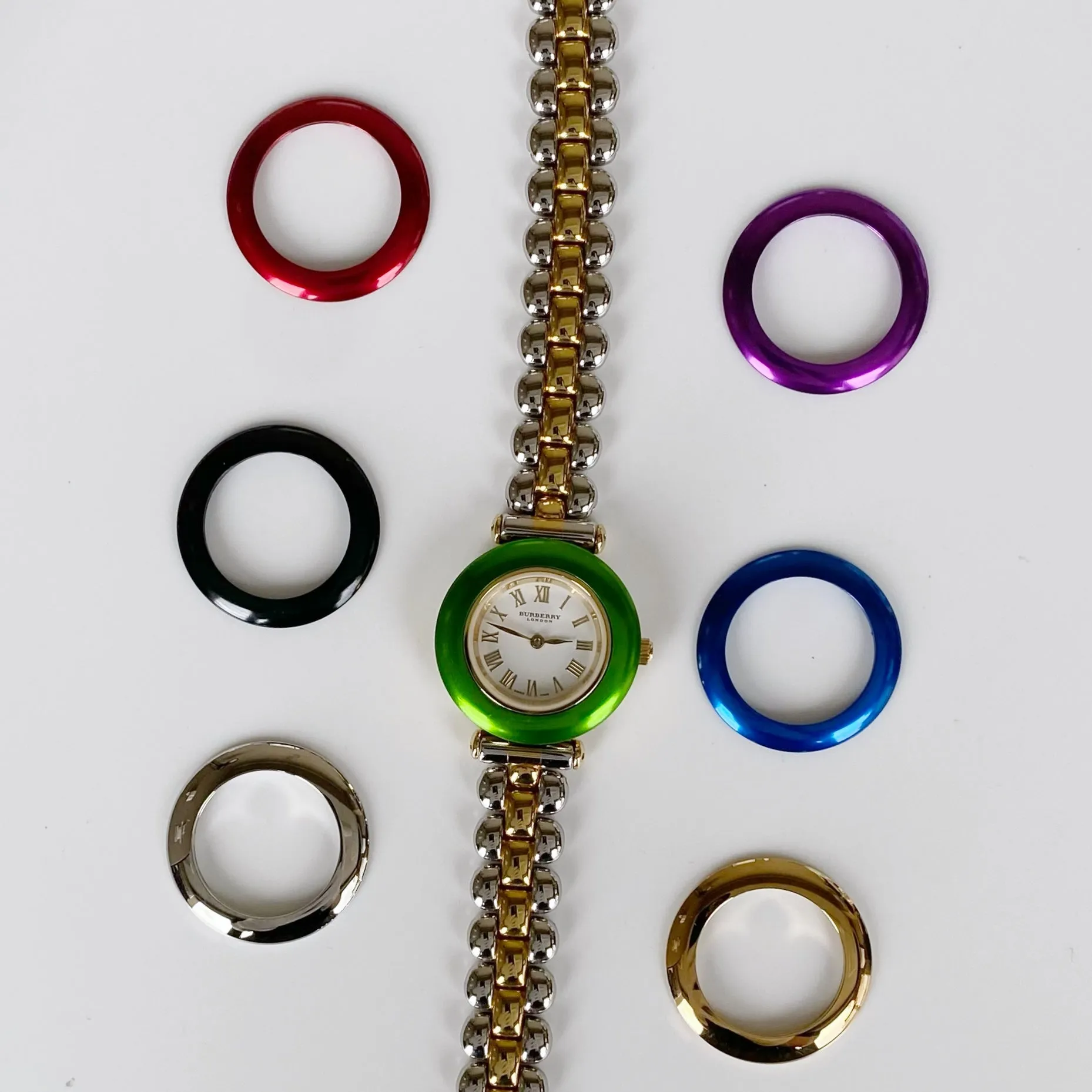 Burberry 1990s Interchangeable Bezel Watch with 7 bezels and case