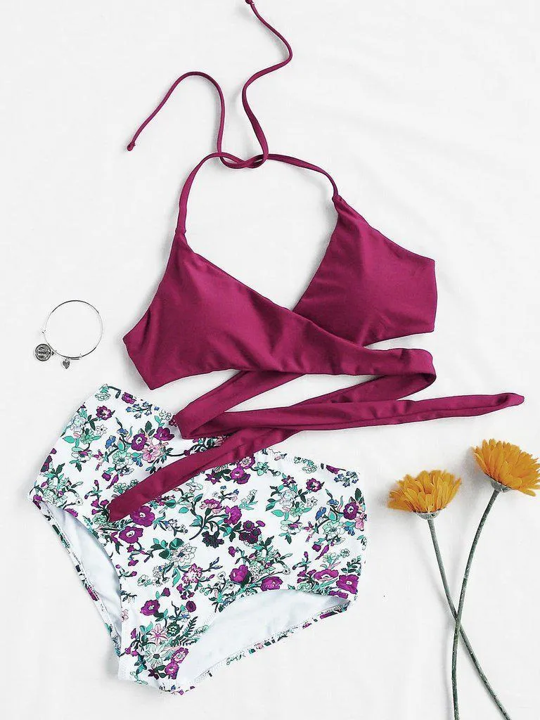 Calico Print High Waist Wrap Bikini Set
