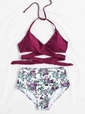 Calico Print High Waist Wrap Bikini Set