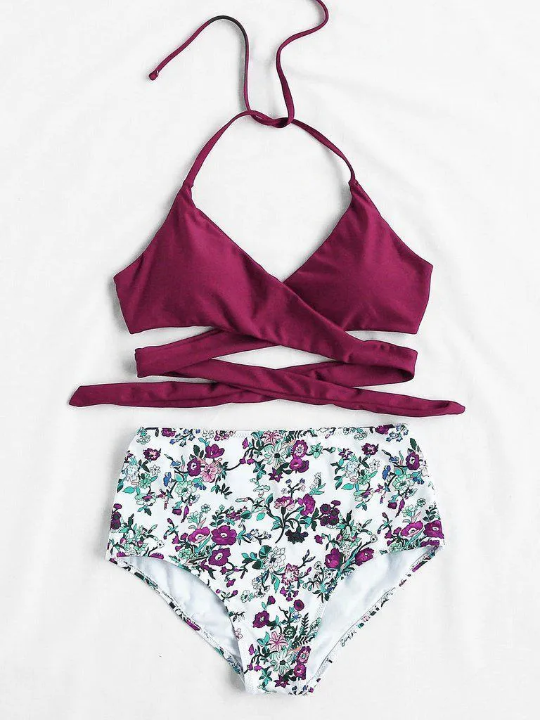 Calico Print High Waist Wrap Bikini Set