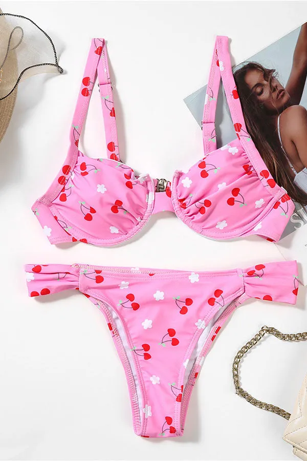 Cherry Print Girly Ruched Bikini