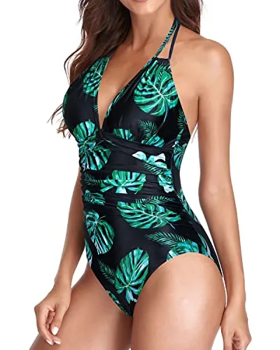 Chic Open Back Tummy Control One Piece Swimsuits-Black And Green Leaf