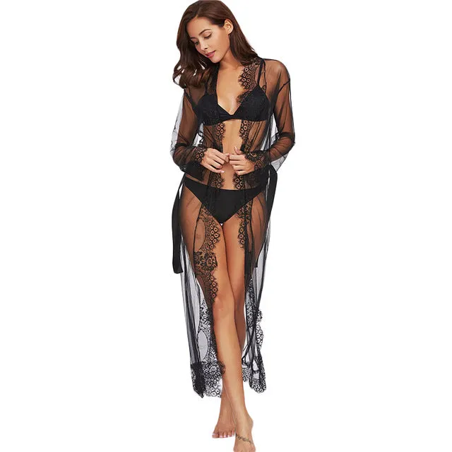 COLROVIE 2018 Eyelash Lace Trim Plus Size Mesh Robe With Belt Black Long Sleeve Ankle-length Kimono Blouse Women Sexy Sleepwear