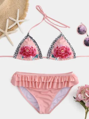 Custom Halter Floral Print Backless Tie-Up Flounced Hem Pink Bikinis