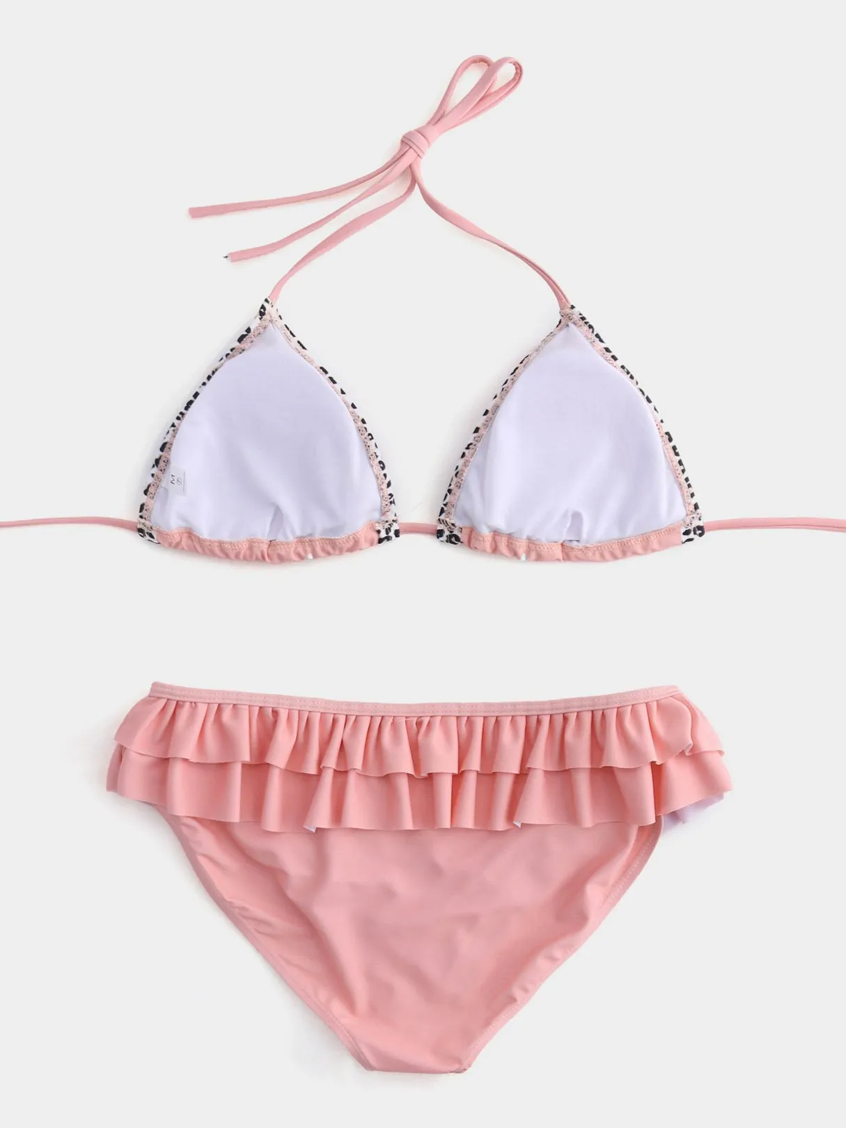 Custom Halter Floral Print Backless Tie-Up Flounced Hem Pink Bikinis