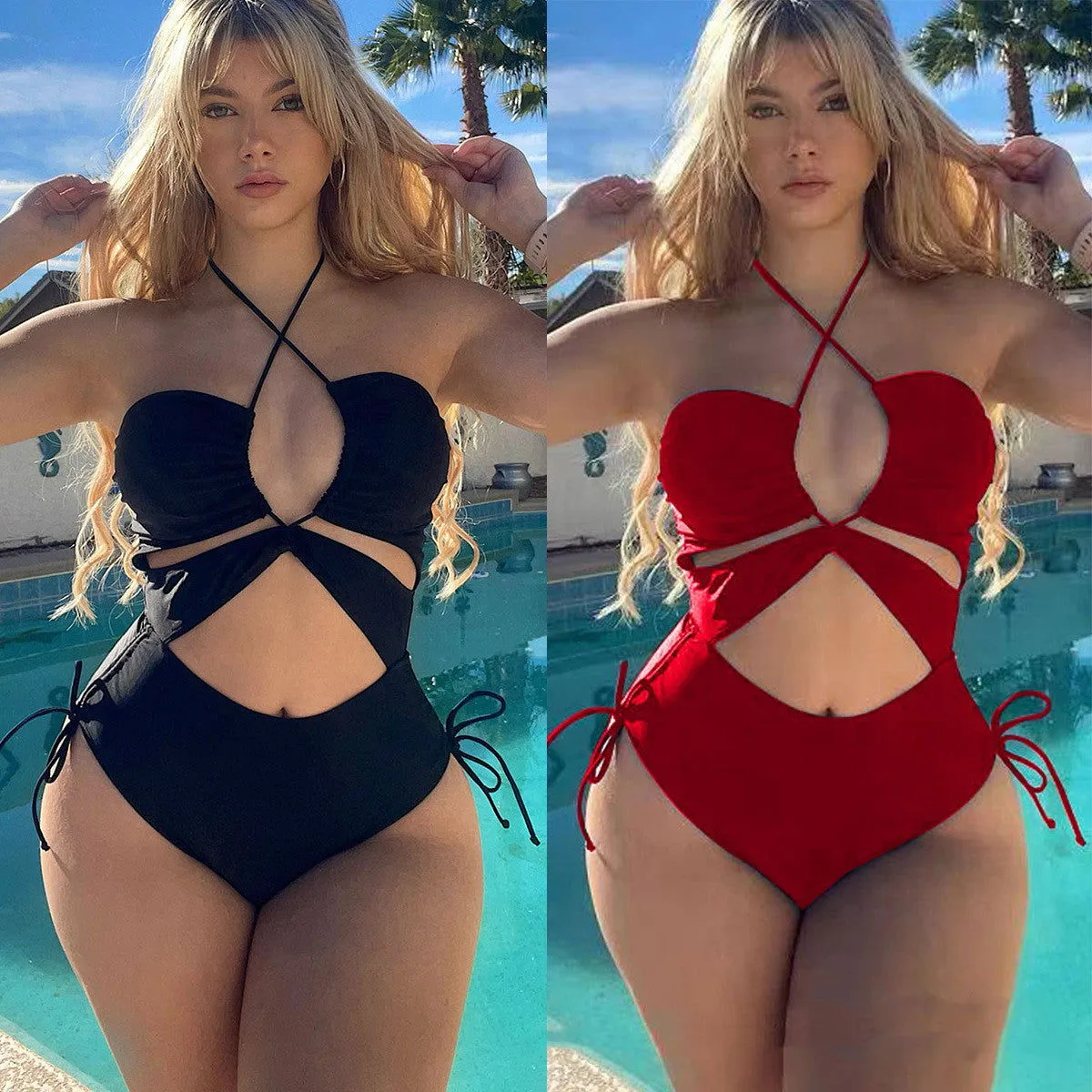 Cut-out Navel Design Backless Triangle One-piece Swimsuits