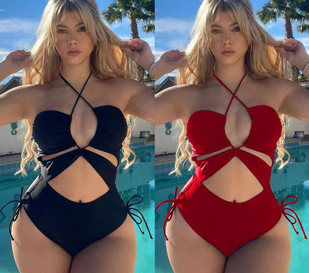 Cut-out Navel Design Backless Triangle One-piece Swimsuits