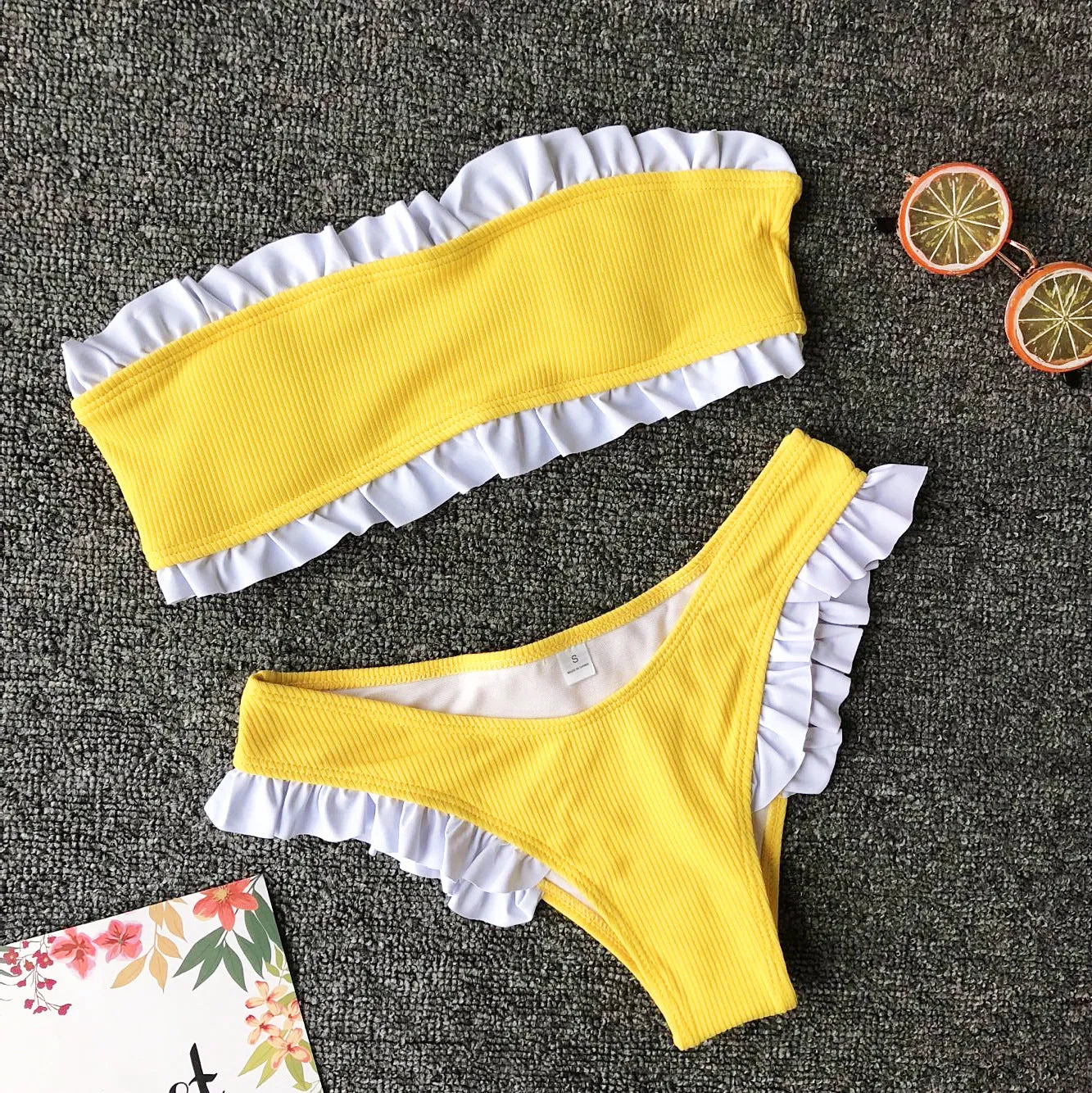 Cute Ruffle Smocked Thong Bottom Tube Bikinis
