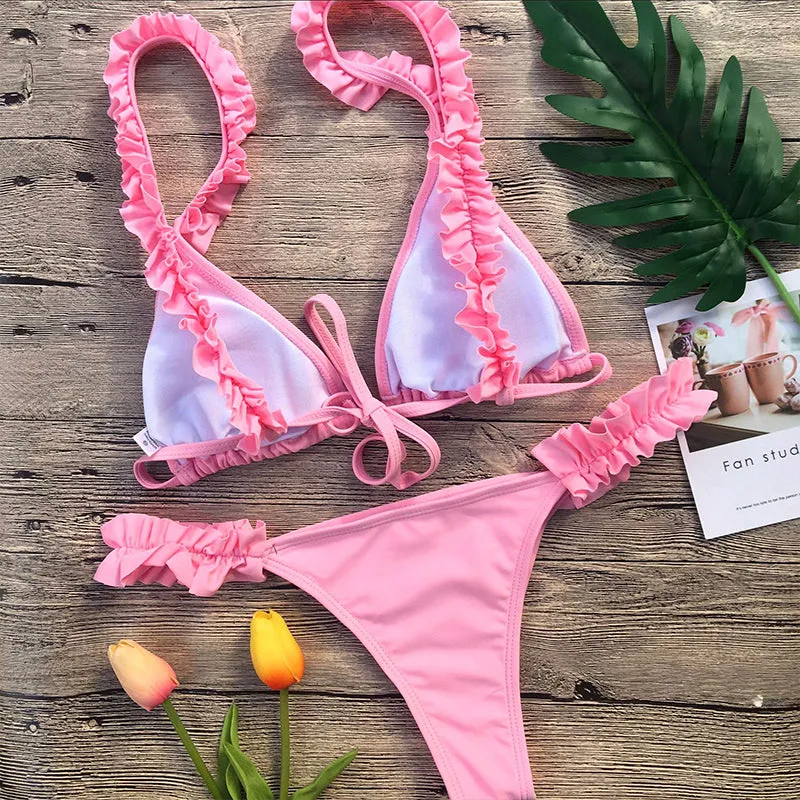 Cute Sling Flapper Plain Strappy Thong Bottom Bikinis