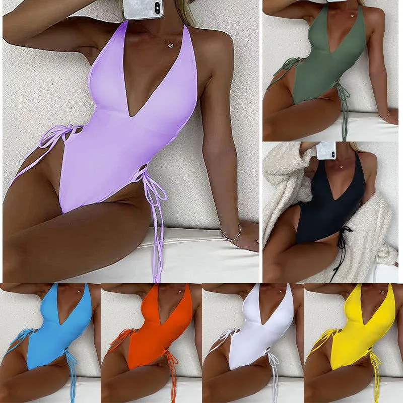 Deep Chesty V-Neck High Waist Triangle One Piece Swimsuits