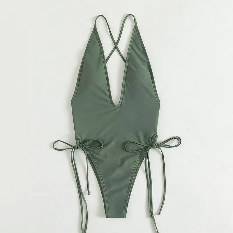 Deep Chesty V-Neck High Waist Triangle One Piece Swimsuits