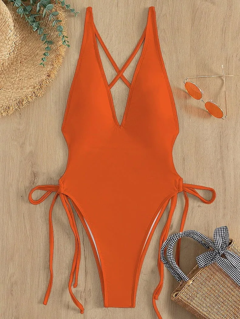 Deep Chesty V-Neck High Waist Triangle One Piece Swimsuits