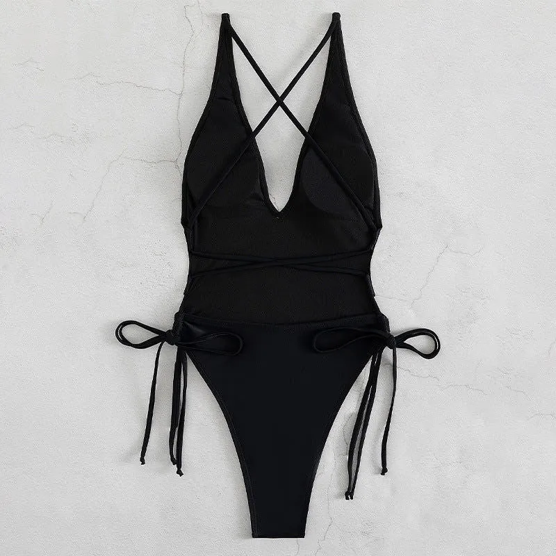 Deep Chesty V-Neck High Waist Triangle One Piece Swimsuits