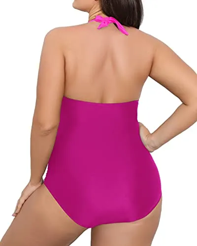 Deep Plunge V-Neck Backless One Piece Swimwear-Phosphor And Dark Pink