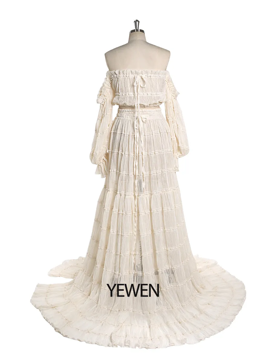 Elegant 2 Piece Set dress Boho Summer Beach Dress Woman Photo Shoot Gowns Side Slit  YEWEN YW220821