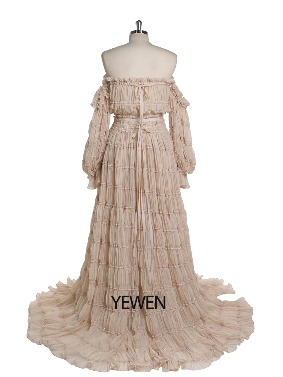 Elegant 2 Piece Set dress Boho Summer Beach Dress Woman Photo Shoot Gowns Side Slit  YEWEN YW220821