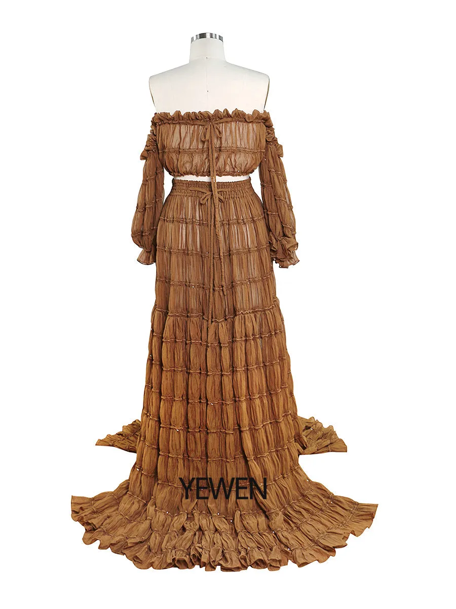 Elegant 2 Piece Set dress Boho Summer Beach Dress Woman Photo Shoot Gowns Side Slit  YEWEN YW220821