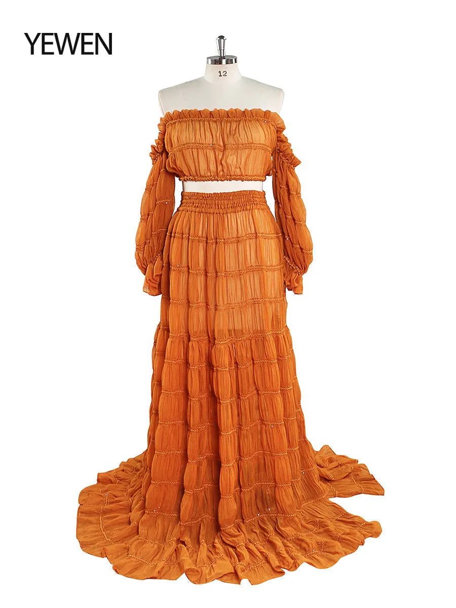 Elegant 2 Piece Set dress Boho Summer Beach Dress Woman Photo Shoot Gowns Side Slit  YEWEN YW220821