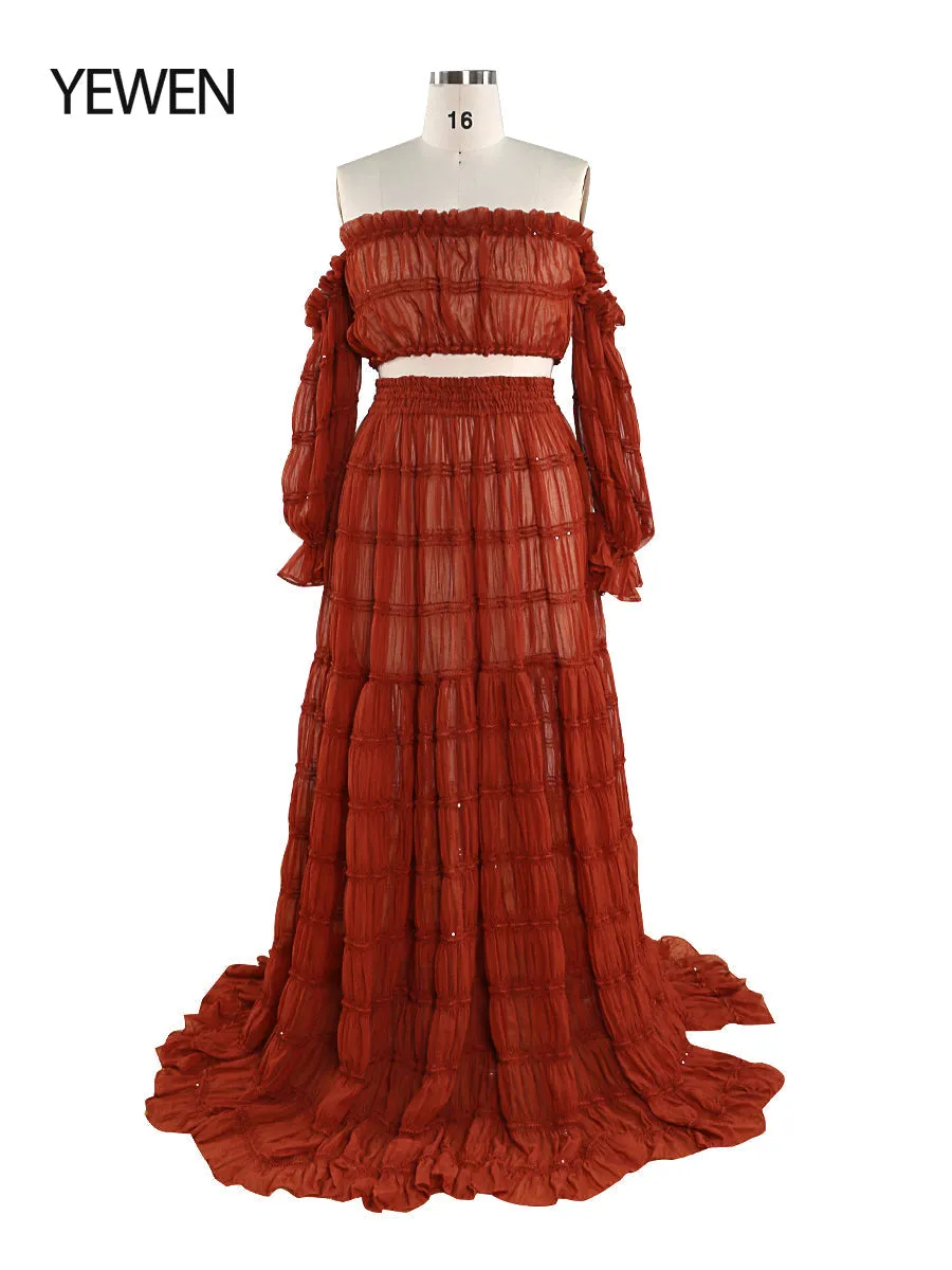 Elegant 2 Piece Set dress Boho Summer Beach Dress Woman Photo Shoot Gowns Side Slit  YEWEN YW220821