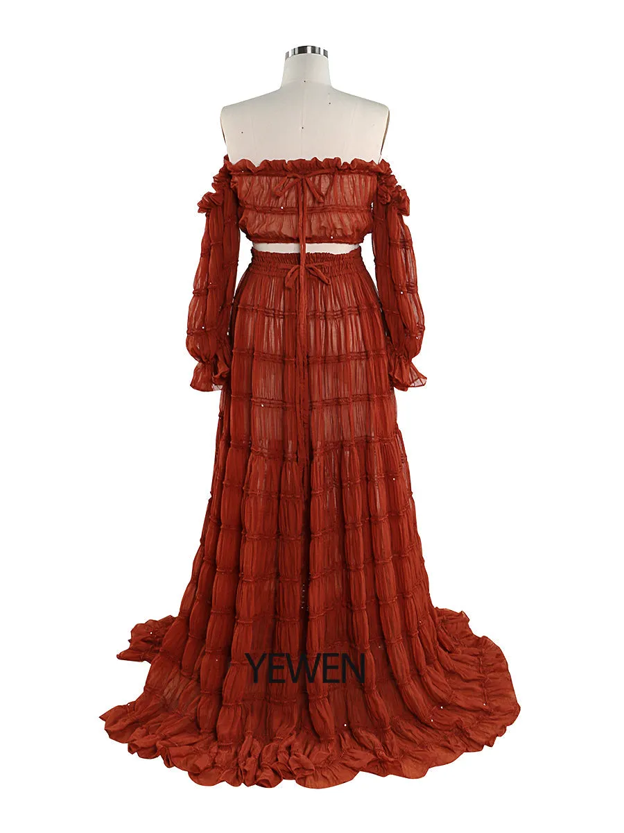 Elegant 2 Piece Set dress Boho Summer Beach Dress Woman Photo Shoot Gowns Side Slit  YEWEN YW220821