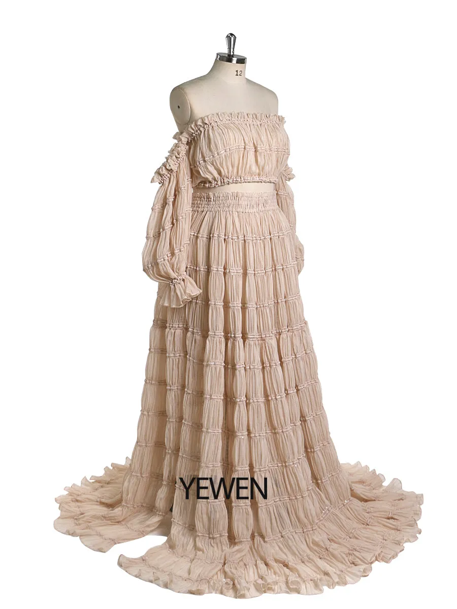 Elegant 2 Piece Set dress Boho Summer Beach Dress Woman Photo Shoot Gowns Side Slit  YEWEN YW220821