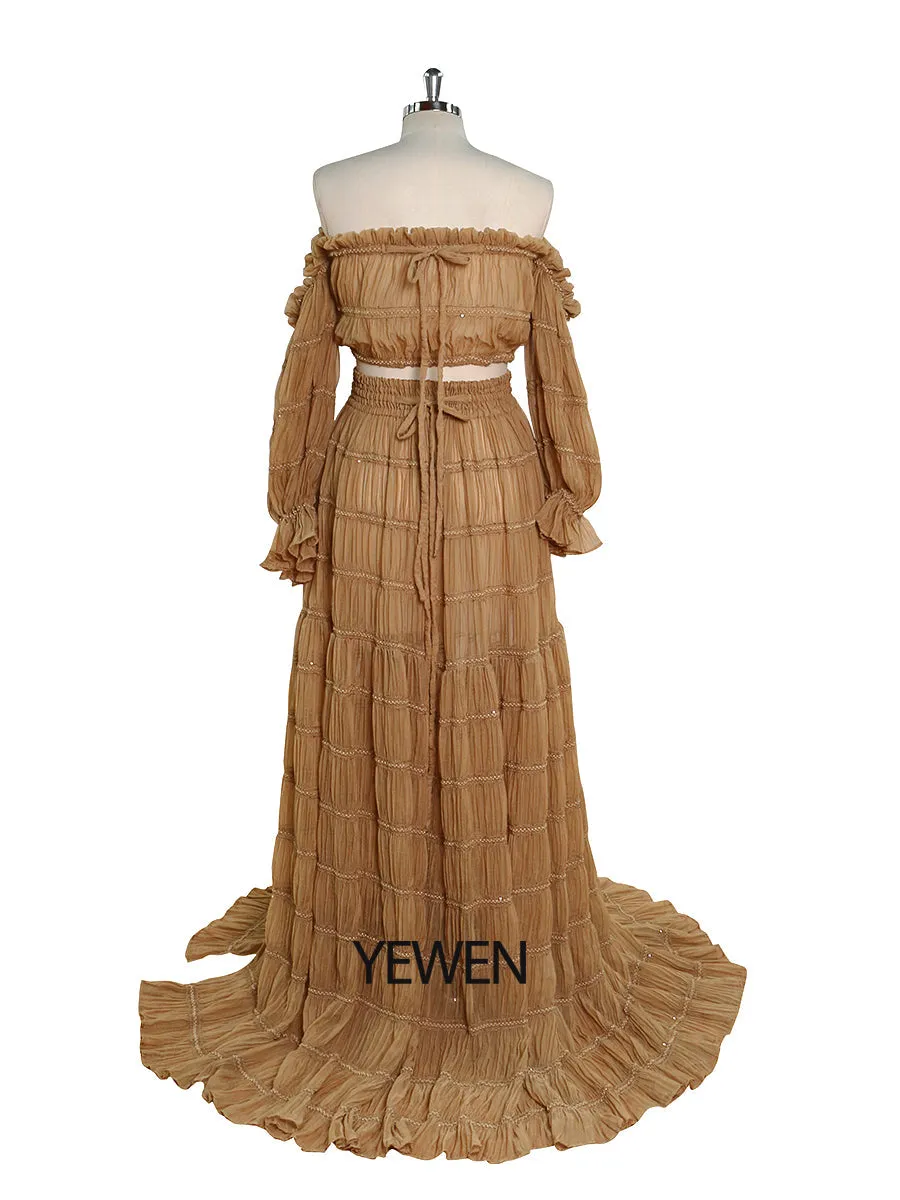 Elegant 2 Piece Set dress Boho Summer Beach Dress Woman Photo Shoot Gowns Side Slit  YEWEN YW220821