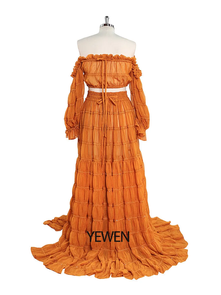 Elegant 2 Piece Set dress Boho Summer Beach Dress Woman Photo Shoot Gowns Side Slit  YEWEN YW220821
