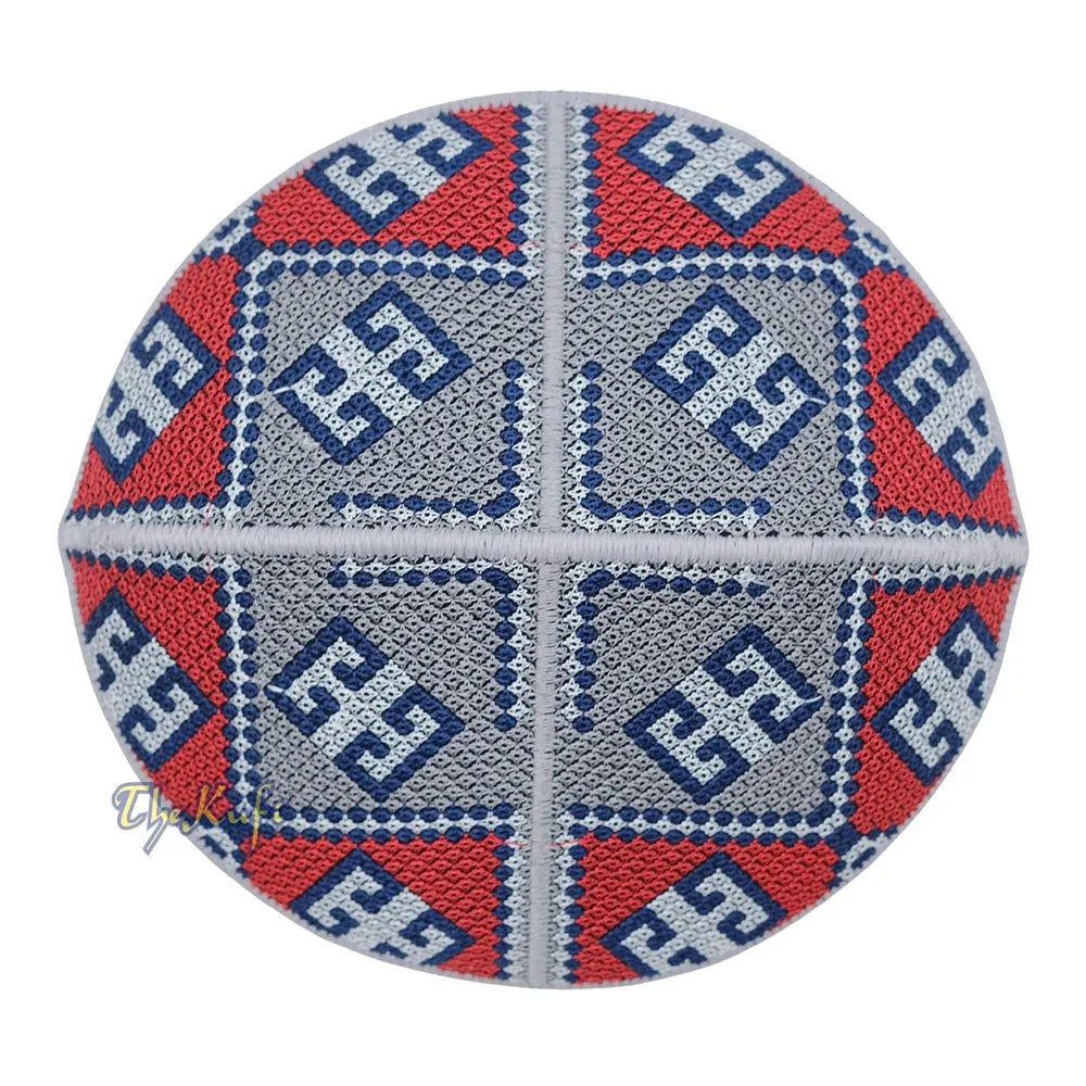 Embroidered Grey Ethnic Mosaic Silver Red Soft Lined Pakistani Style Topi Kufi
