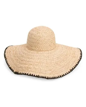 Floppy Wide Brim Straw Hat with Black Embroidered Trim