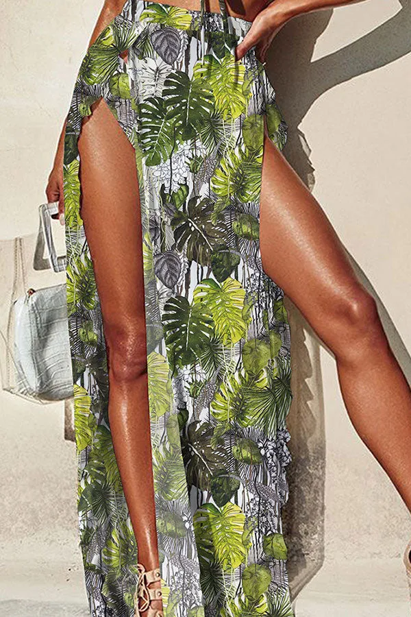 Floral Print Falbala Feminine Beach Three Pieces Bikini Set