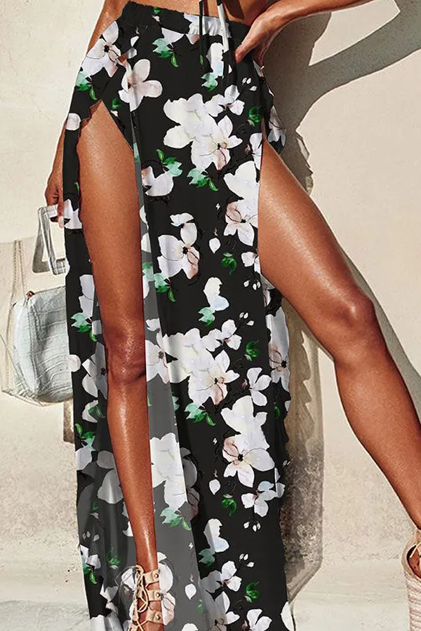 Floral Print Falbala Feminine Beach Three Pieces Bikini Set
