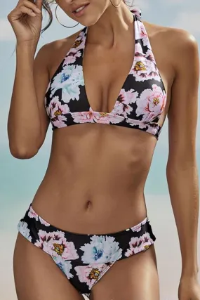 Floral Print Halter Collar Elegant Bikini