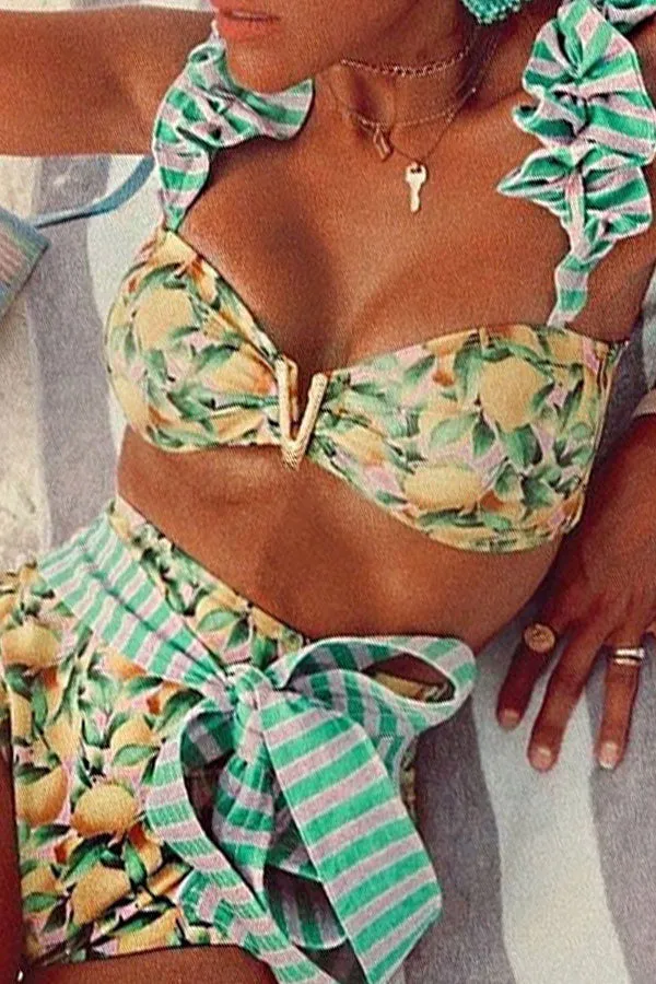 Floral Print Pretty Irregular Falbala Strappy Bikini