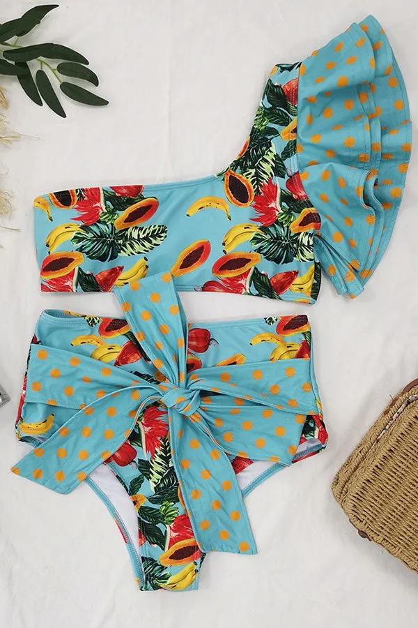 Floral Print Pretty Irregular Falbala Strappy Bikini