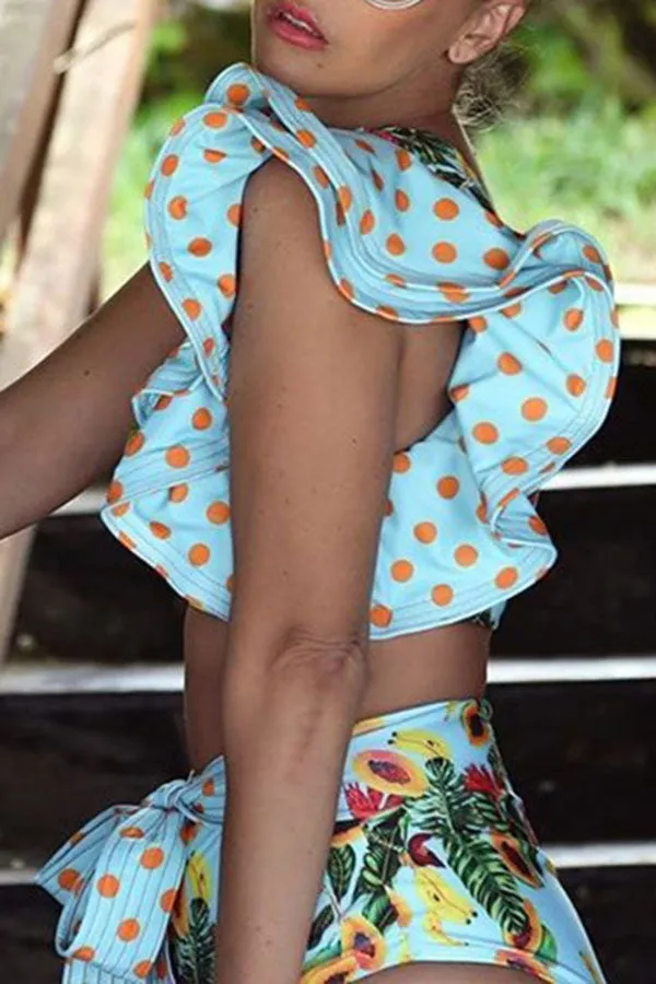 Floral Print Pretty Irregular Falbala Strappy Bikini