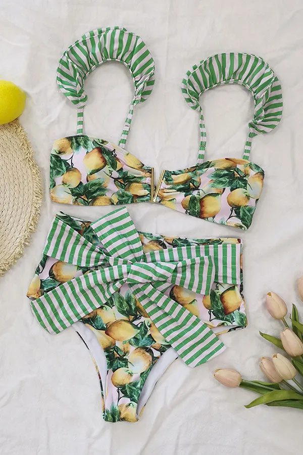 Floral Print Pretty Irregular Falbala Strappy Bikini