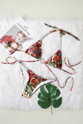 Floral Print Rhinestone Straps Bikini