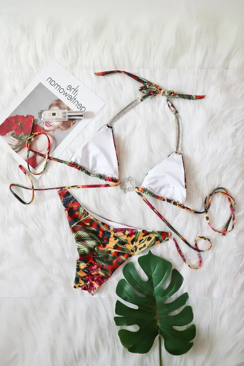 Floral Print Rhinestone Straps Bikini
